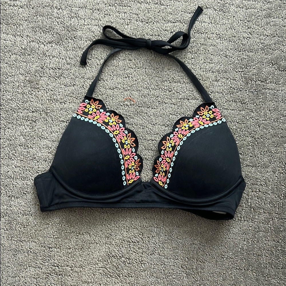 Black Bikini Top with Floral Embroidery